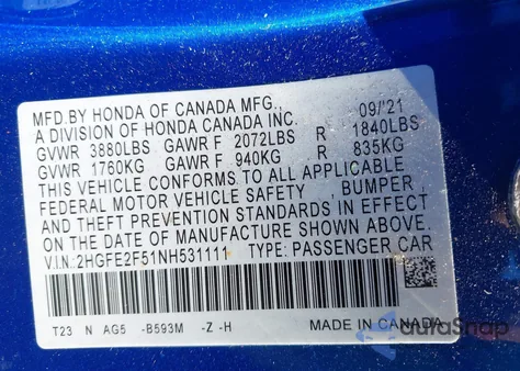 2022 Honda Civic Sport z USA, uszkodzony, nr VIN 2HGFE2F51NH531111